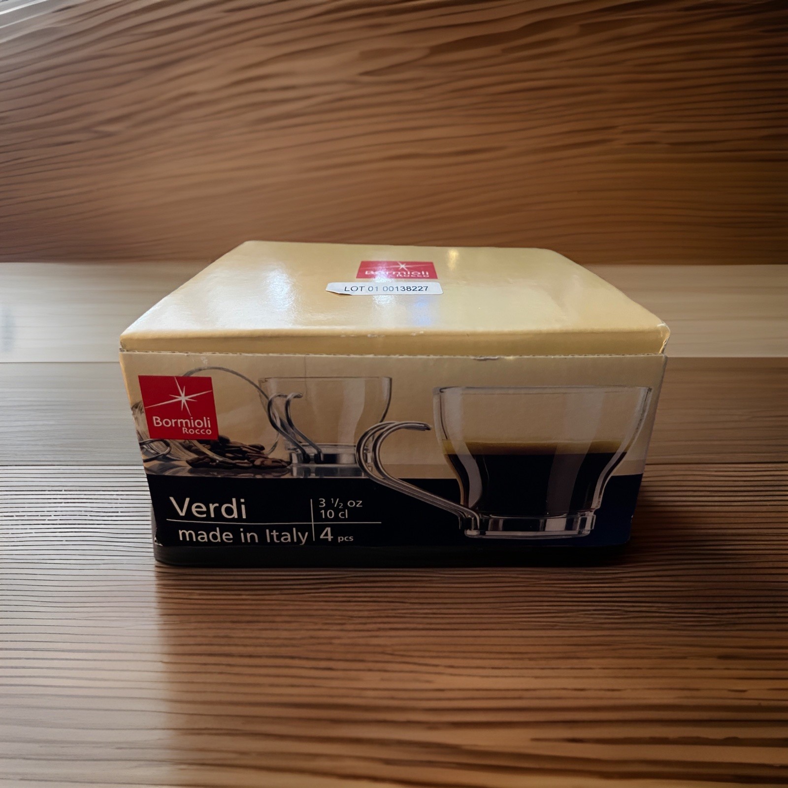 NEW Set of 4 Bormioli Rocco 3.5 oz Verdi Espresso Cups Glass w Metal Handles