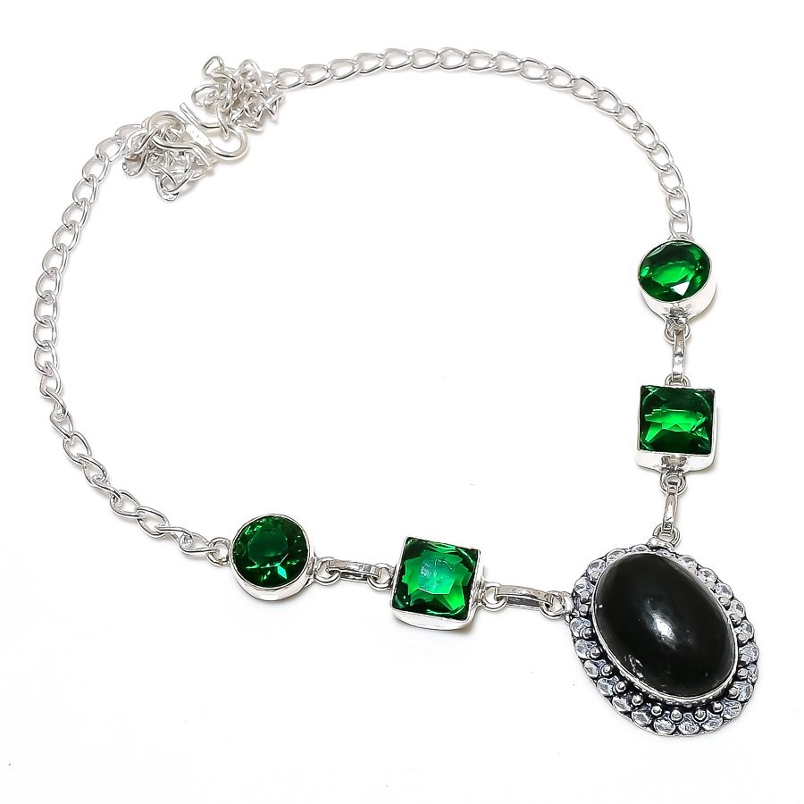Black Onyx,Diopside Gemstone 925 Sterling Silver Jewelry Necklace 18" N272