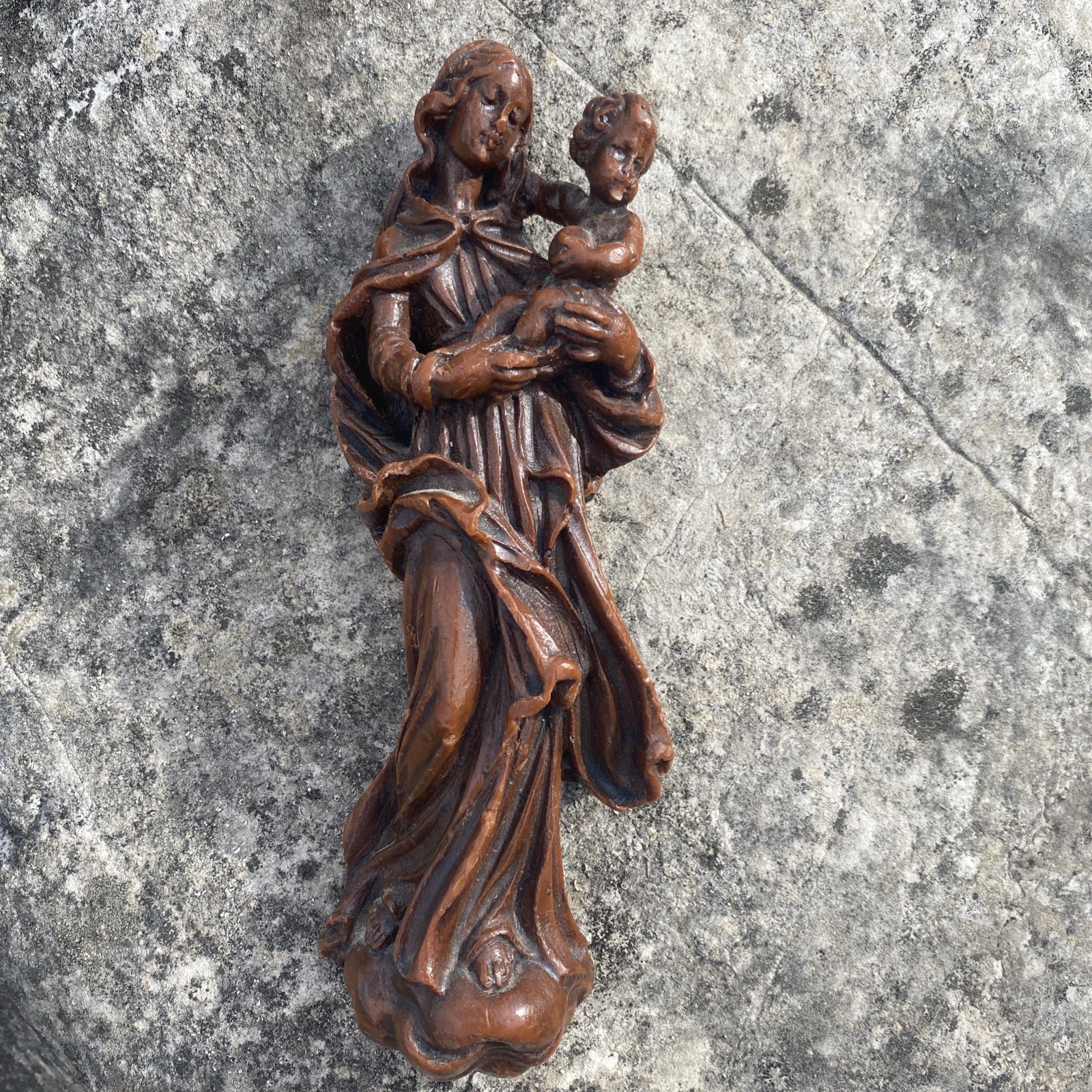 rare antique handmade Virgin Mary And Baby wax wall sculpture statue Damaged