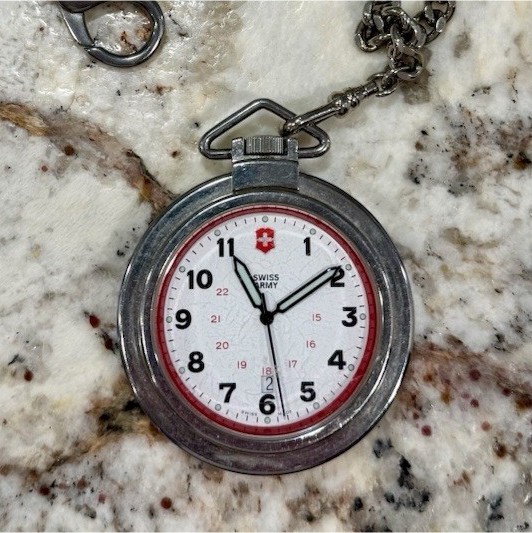 Swiss Army Silver Pocket Watch White Red Dial Chain Arabic Numerals