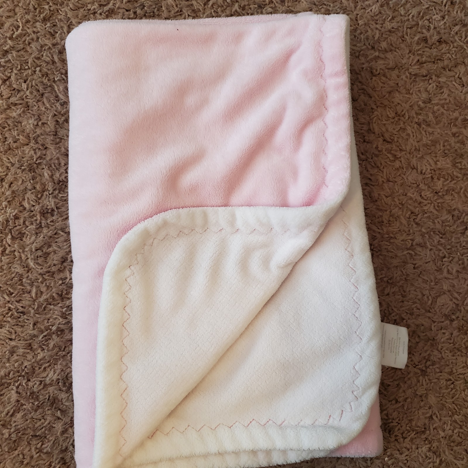 Pottery Barn Kids Baby Blanket Pink White Plush  Velour Thick Soft