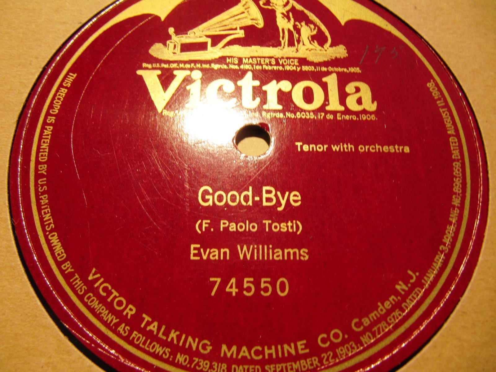 1917 US Tenor EVAN WILLIAMS Paolo Tosti GOOD BYE Addio! VICTOR 74550 78 x