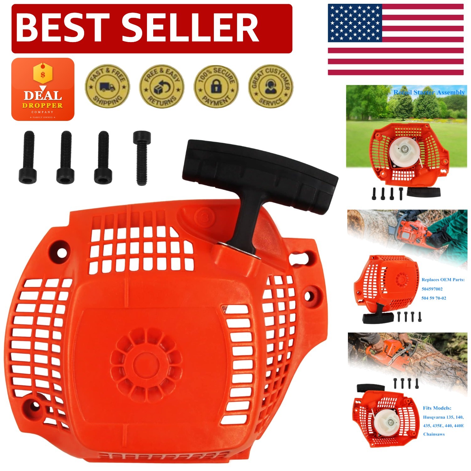 Husqvarna Chainsaw Recoil Pull Starter Assembly 504597002 - Fits Models 135, 140