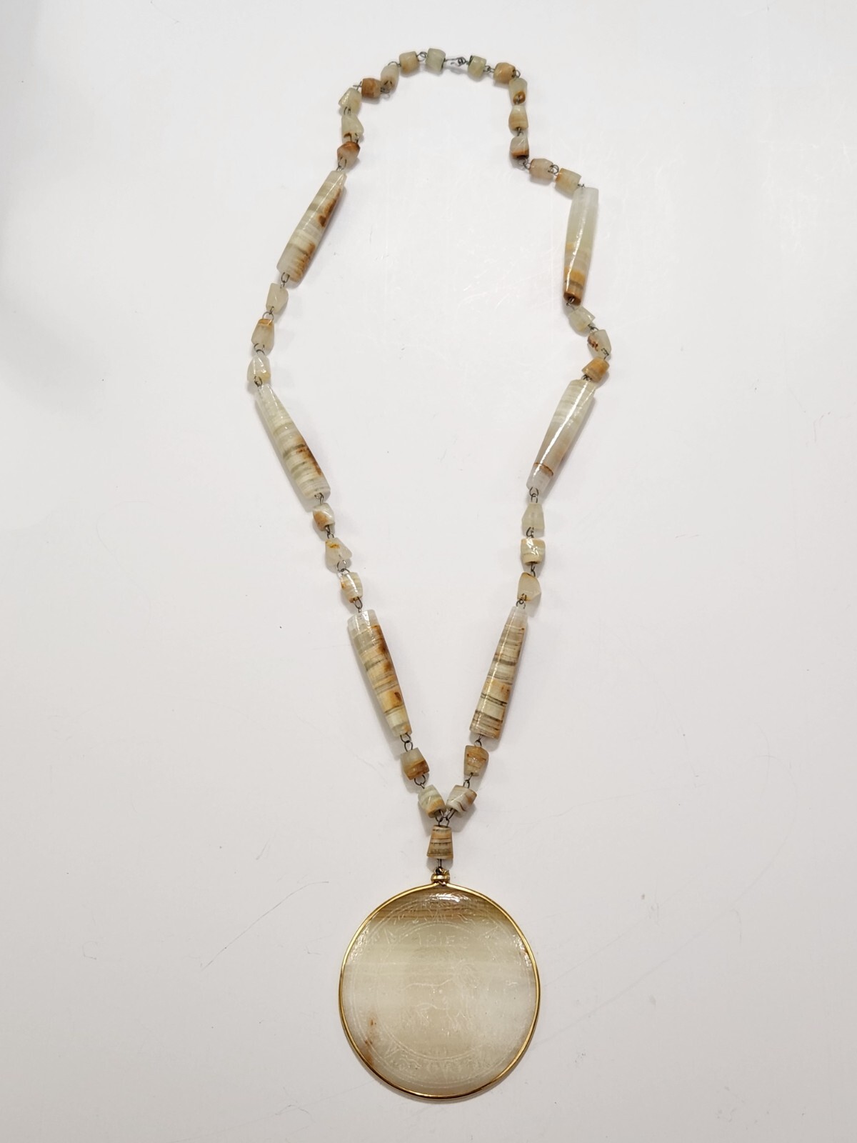 Vtg 60s Etched Medallion Aries Zodiac Mexican Banded Agate Beads Handcrafted