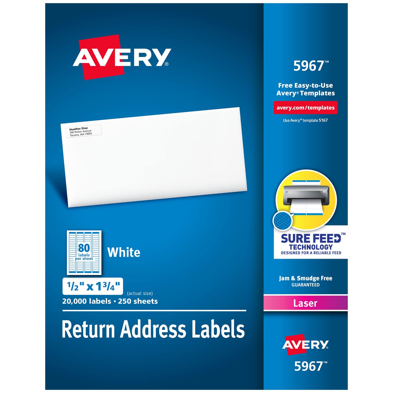 Avery Return Address Labels with Sure Feed, 0.5" x 1.75", White, 20,000 Count