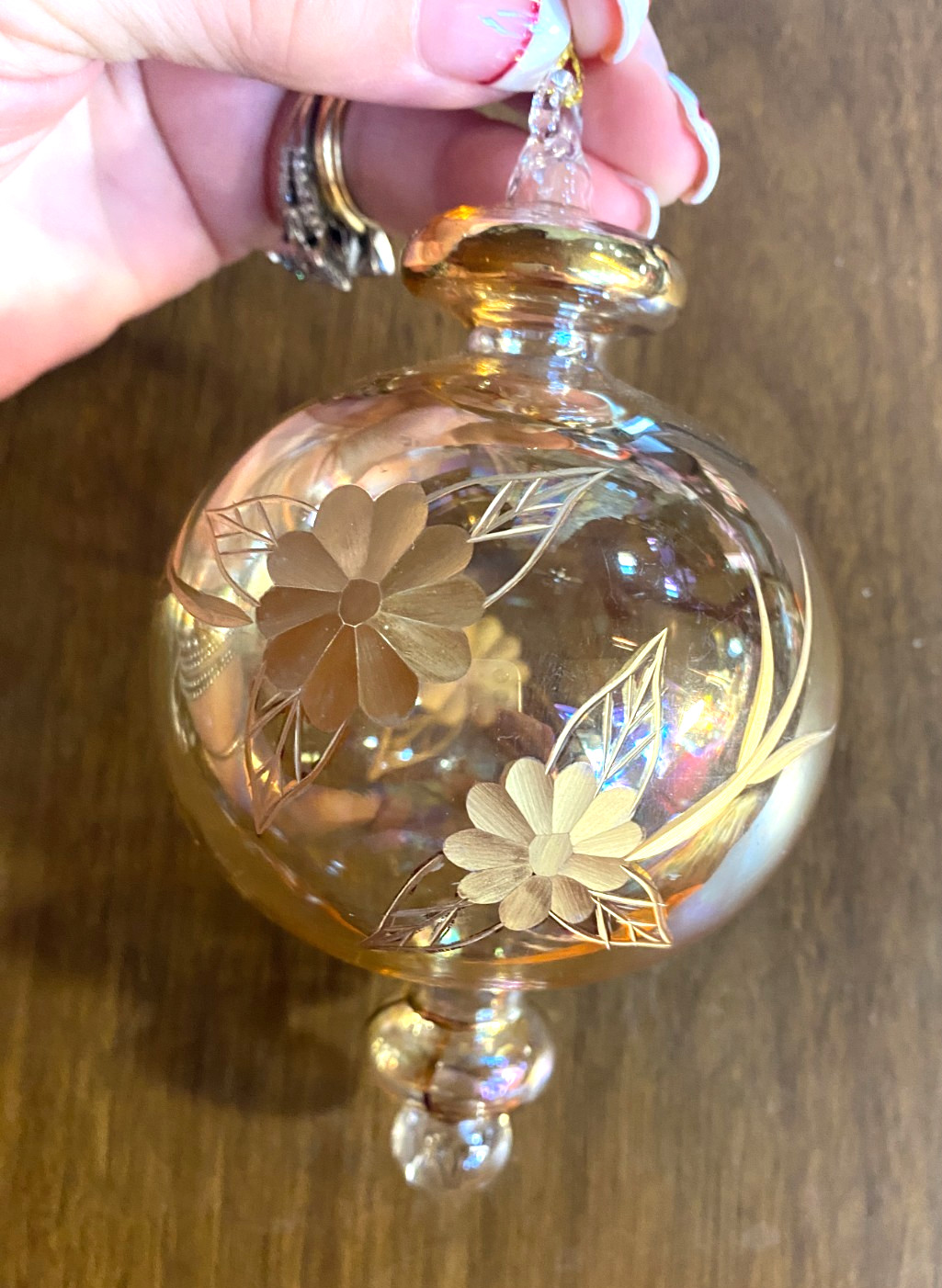 Hand Blown Glass Etched Floral Clear Gold Finial Christmas Ornament 5.5"