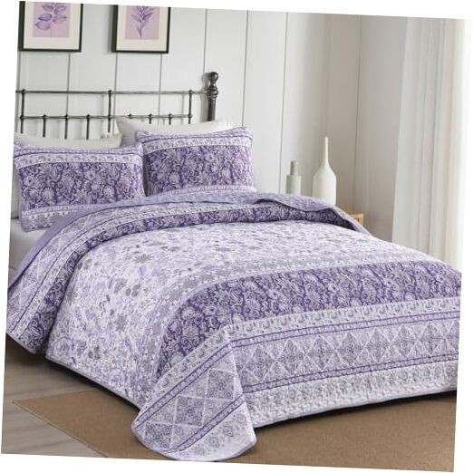  Quilt Set Queen Size,Boho Striped Quilt Bedding Set Queen 96"×90" Purple