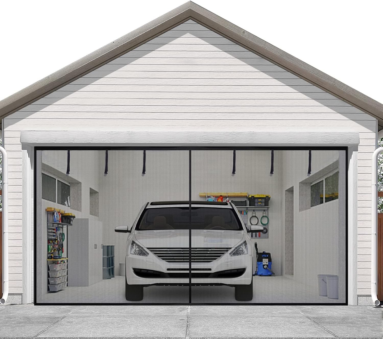 Magnetic Garage Door Screen 16x7FT for Double Car, Fiberglass, Adjustable