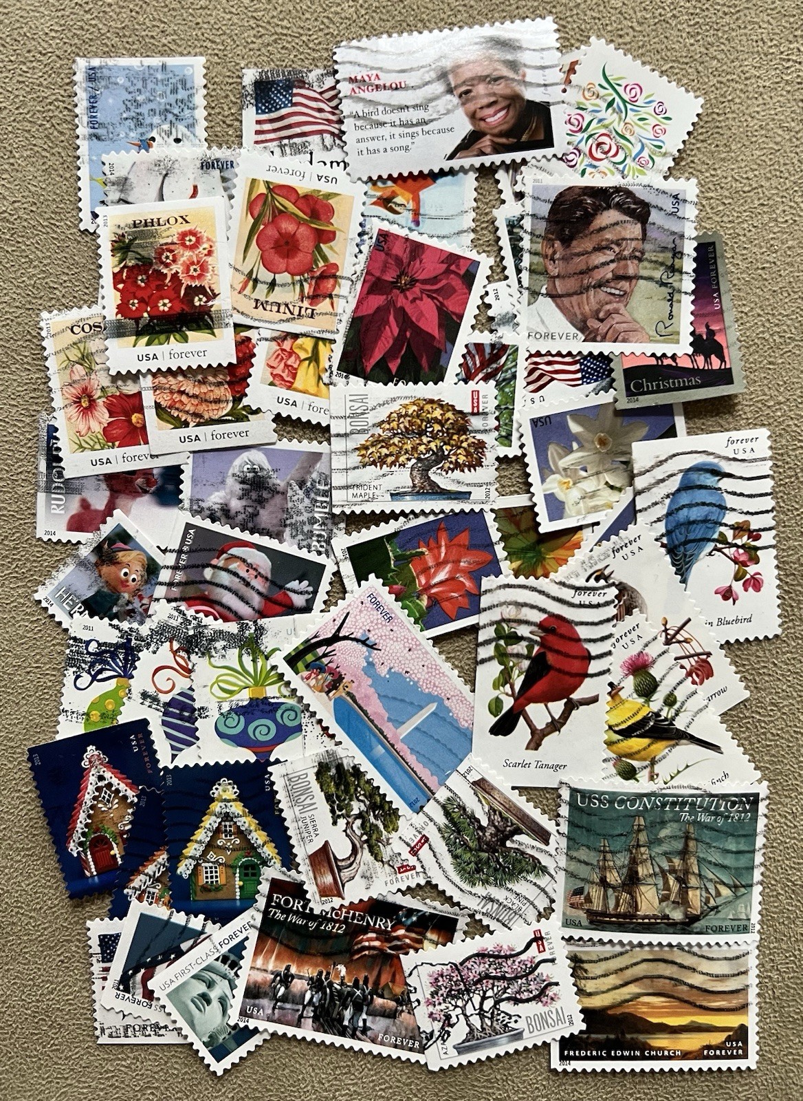Lot of 50 Used US Forever Stamps Off Paper, No Duplicates