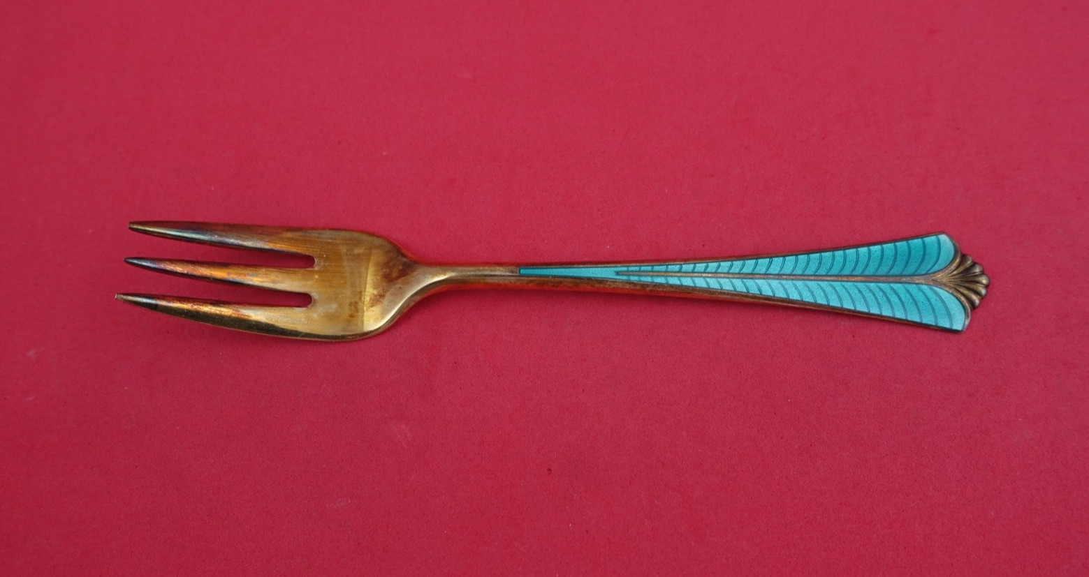 Town Hall by David Andersen Danish .830 Silver Pastry Fork w/teal enamel 5 3/4"