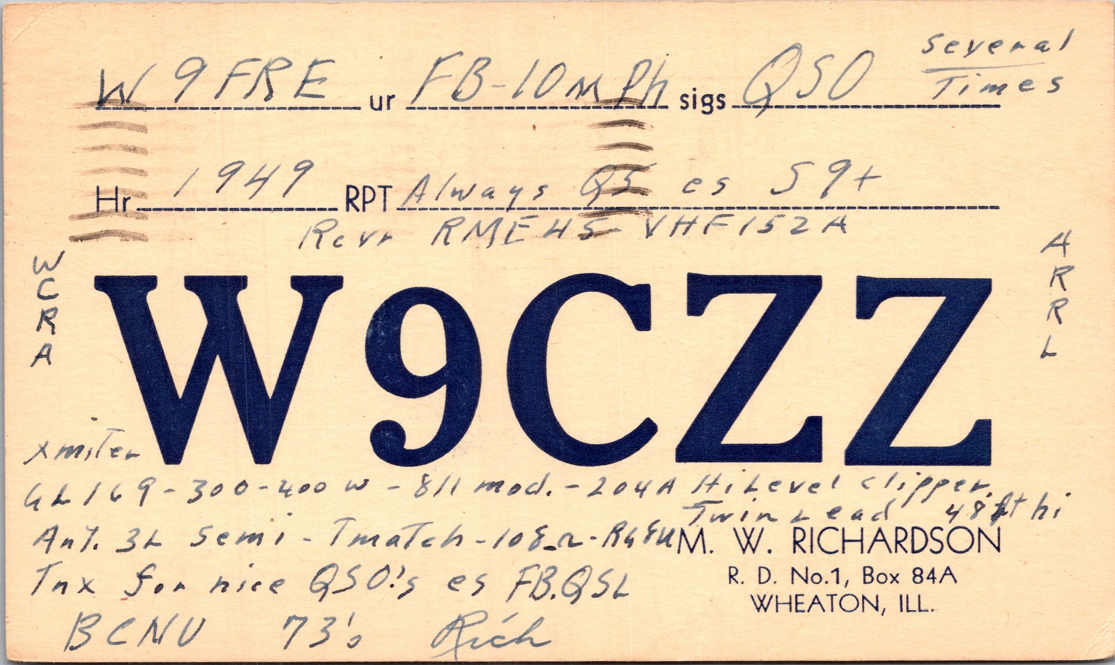 1949 QSL Card W9CZZ Wheaton IL to W9FRE UX27 Jefferson Postal Card 1949