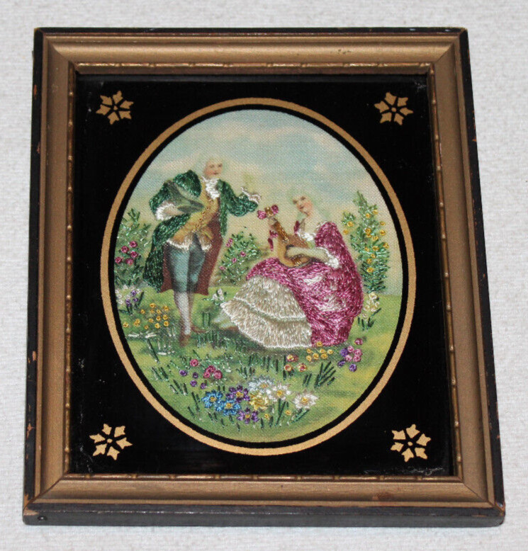 antique silk embroidery picture under reverse painted glass (6 1/4" x 5 1/4")