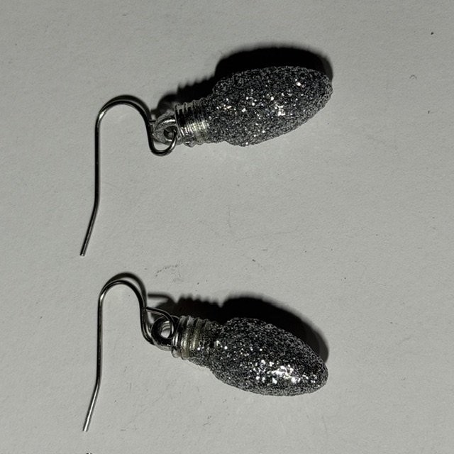 Christmas Light Bulb Dangle Earrings Glitter Silver Tone Holiday Kids Festive