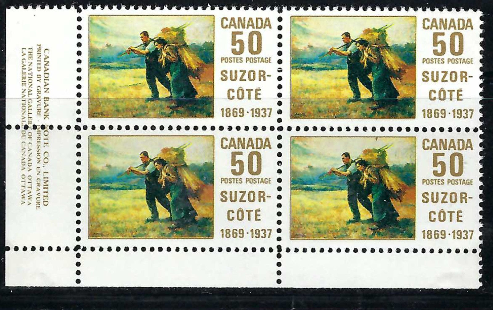 CANADA - SCOTT 492 - VFNH - LL PLATE BLOCK - SUZOR CÔTÉ - 1969