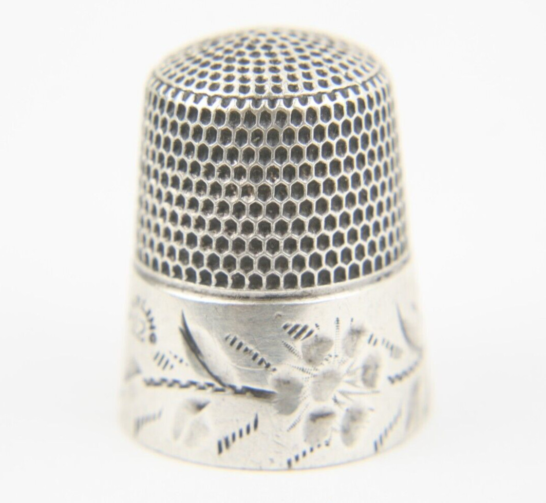 C 1880s Sterling Silver Simons Bros. Floral Thimble Geranium Flower L R Monogram