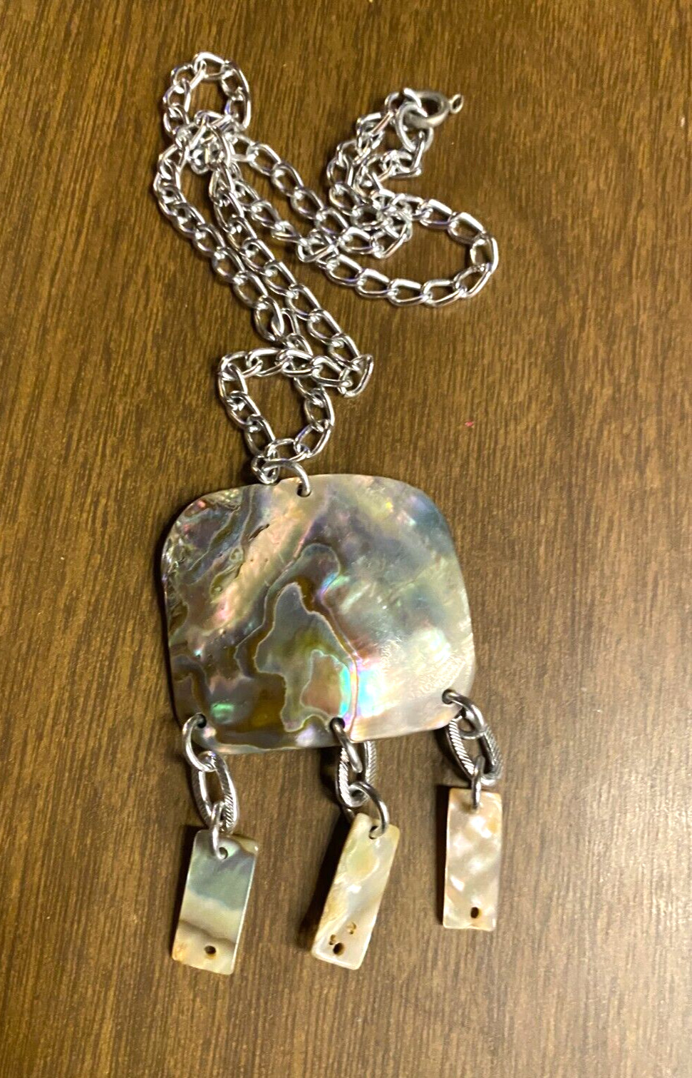 Vintage Abalone Pendant 2 3/4" Necklace Aluminum Chain 14"