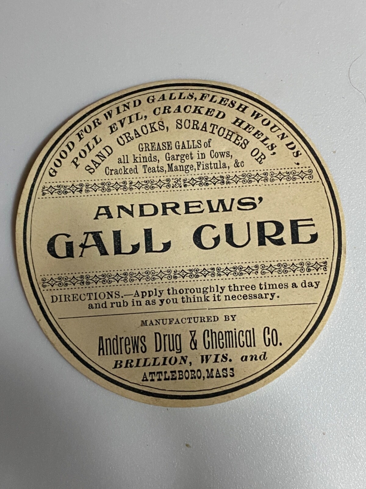 Advertising Andrew's Gall Cure Cow Medicine Label Brillion Wi/Attleboro Mass
