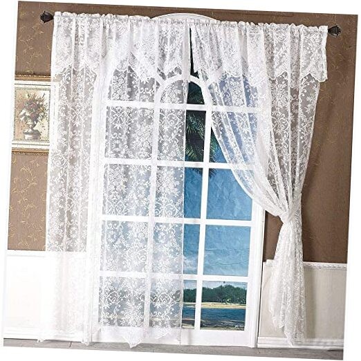  84 Inch Lace Curtains with Valances Attached 2 60"W x 84"L (Pack of 2) White