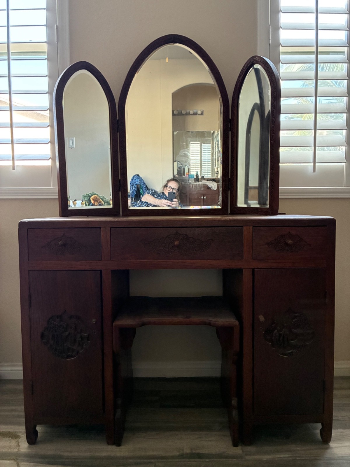 antique Japanese handcarved cherry blossom Vanity with Chow style Legs