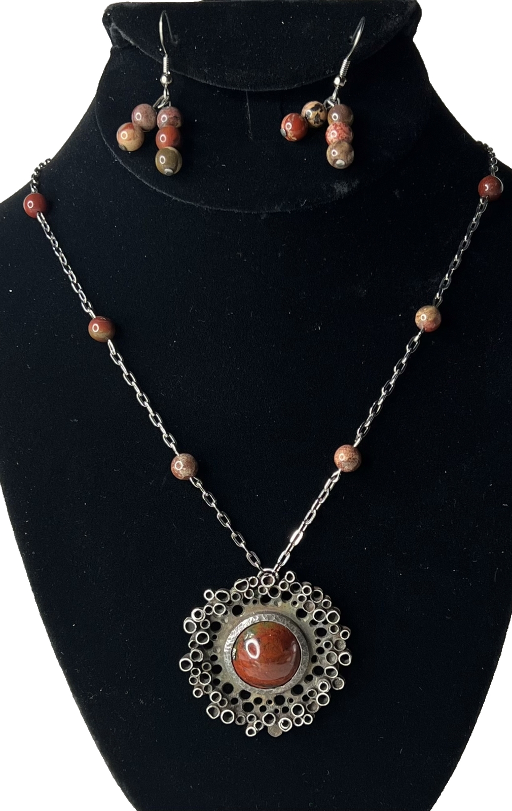Red Jasper Silver Brutalist Necklace And Multi Stone Dangle Earrings Set 22”