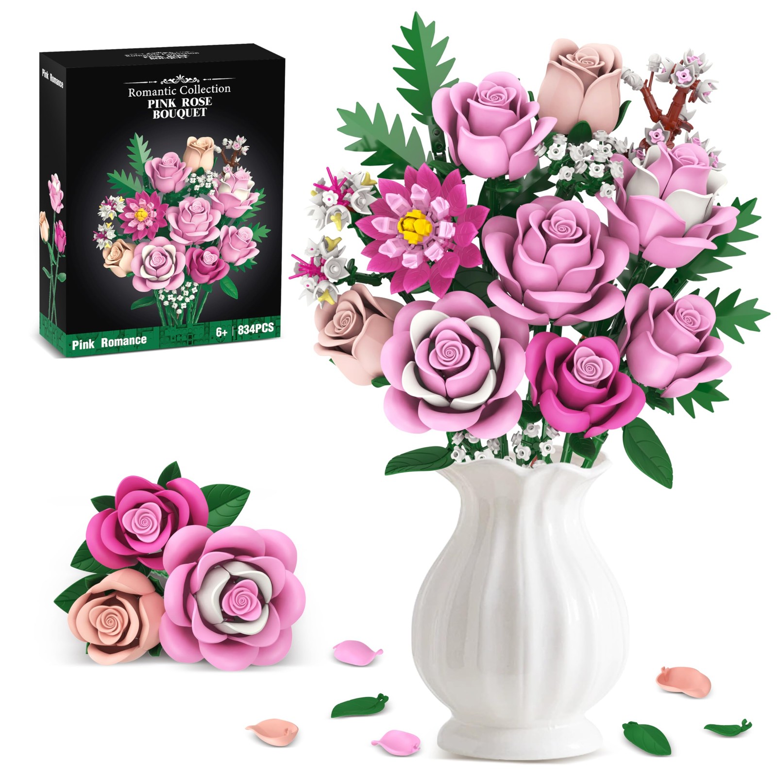 Pink Rose Bouquet Flowers Building Set, 834Pcs Roses Artificial Flowers Botan...