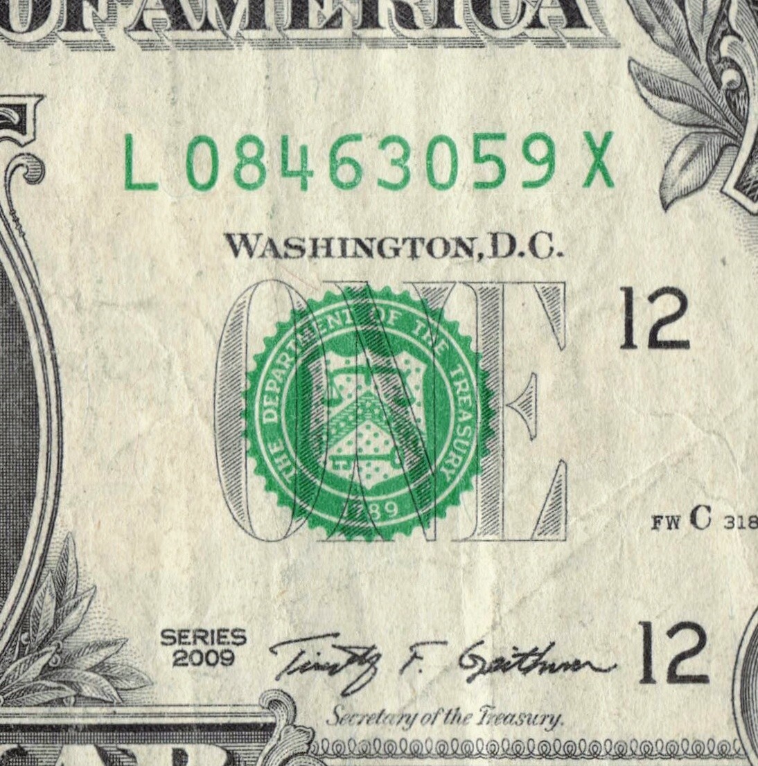 Series 2009 X Note Fancy Serial Number $1 Dollar Bill L08463059X