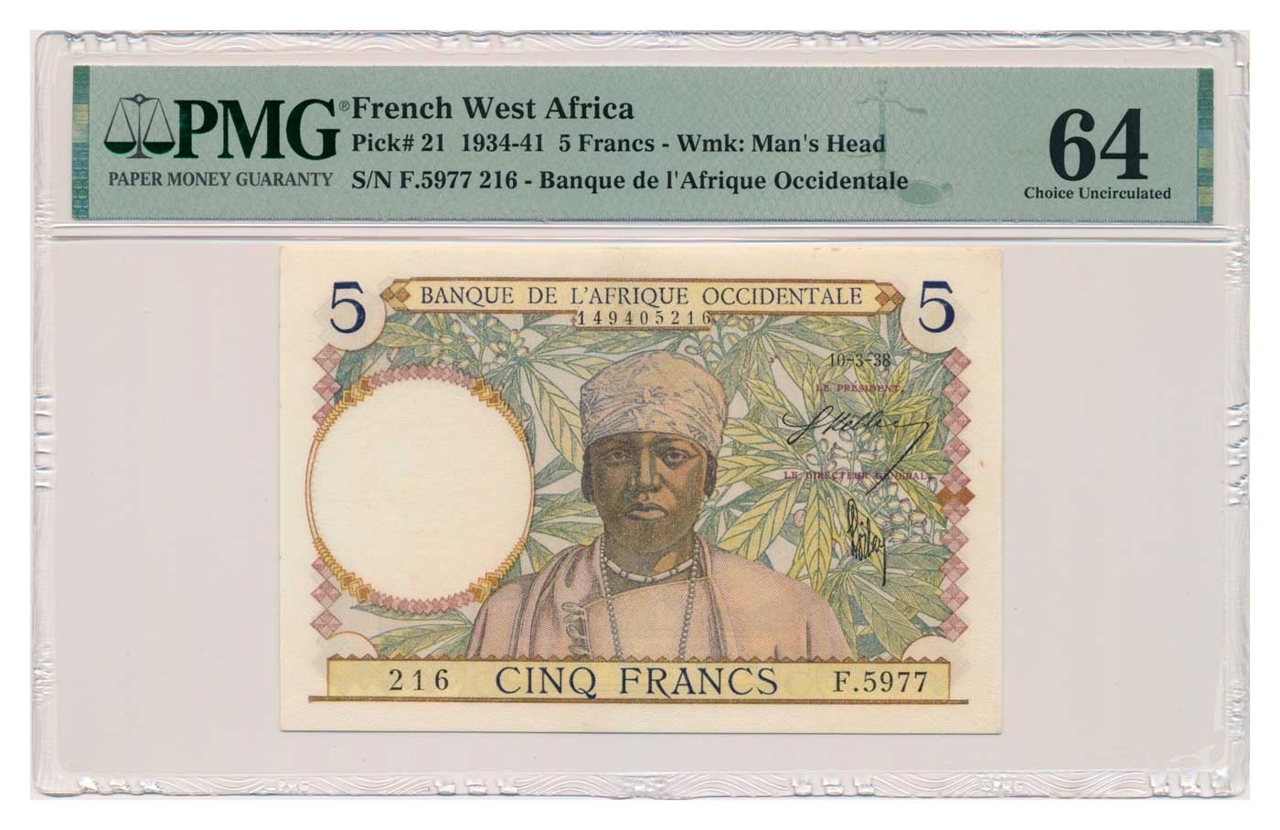 FRENCH WEST AFRICA banknote 5 Francs 10.3.1938 PMG MS 64 Choice Uncirculated