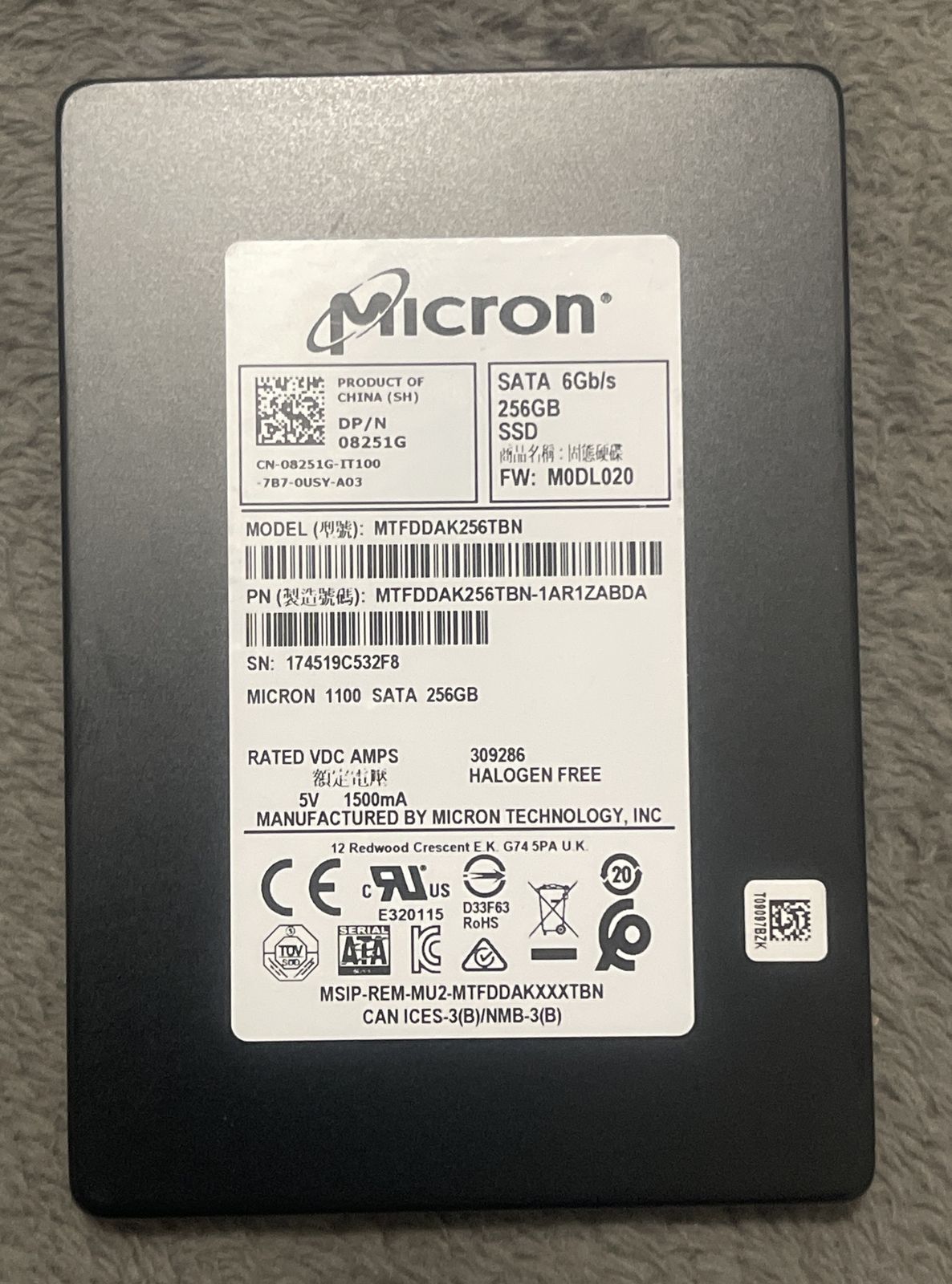 Lot of 7 Micron 1100 256GB 2.5" SATAIII 6Gb/s Solid State Drive MTFDDAK256TBN
