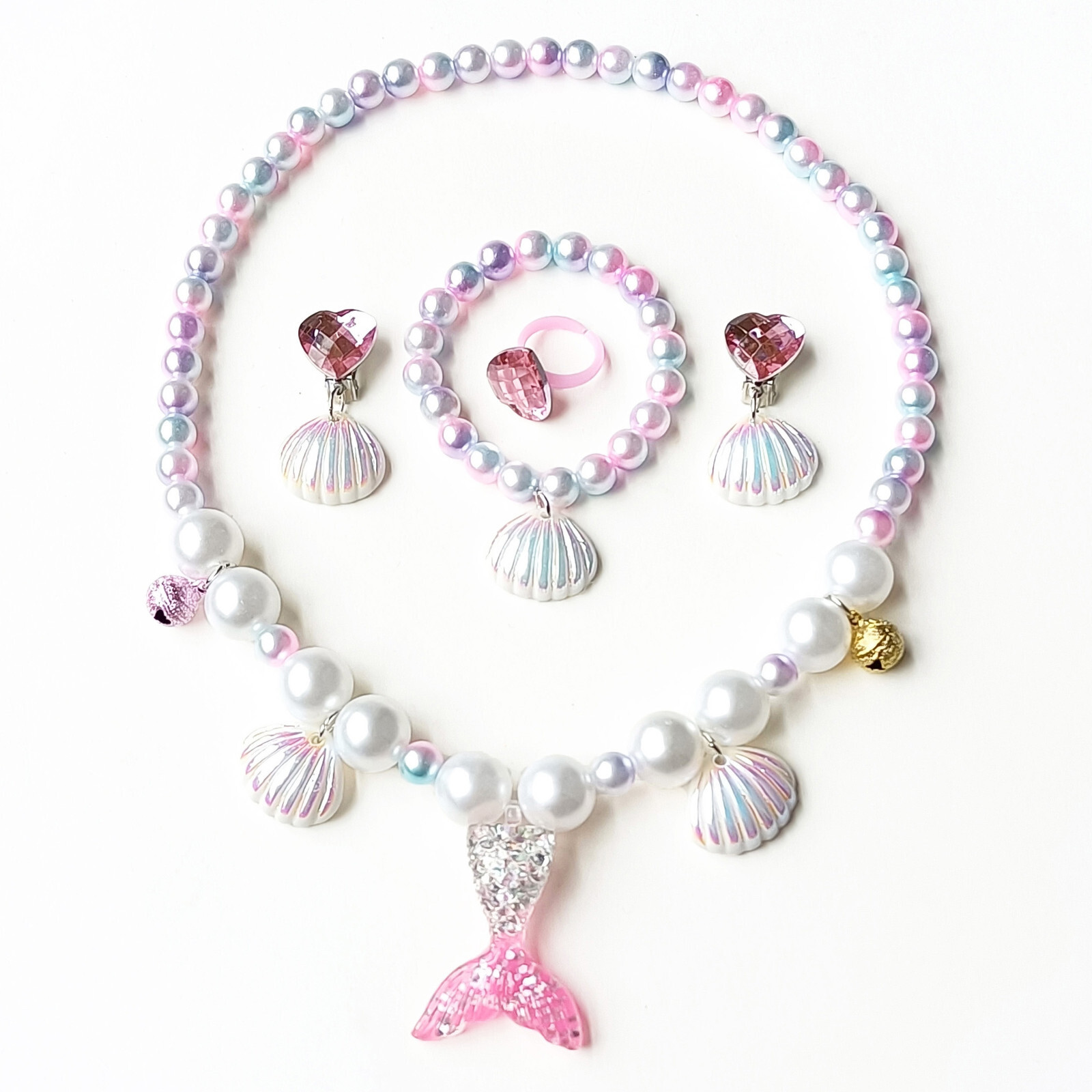 Children Jewelry Set Mermaid Shell Pink Gold Yellow Necklace Bracelet Fairytale