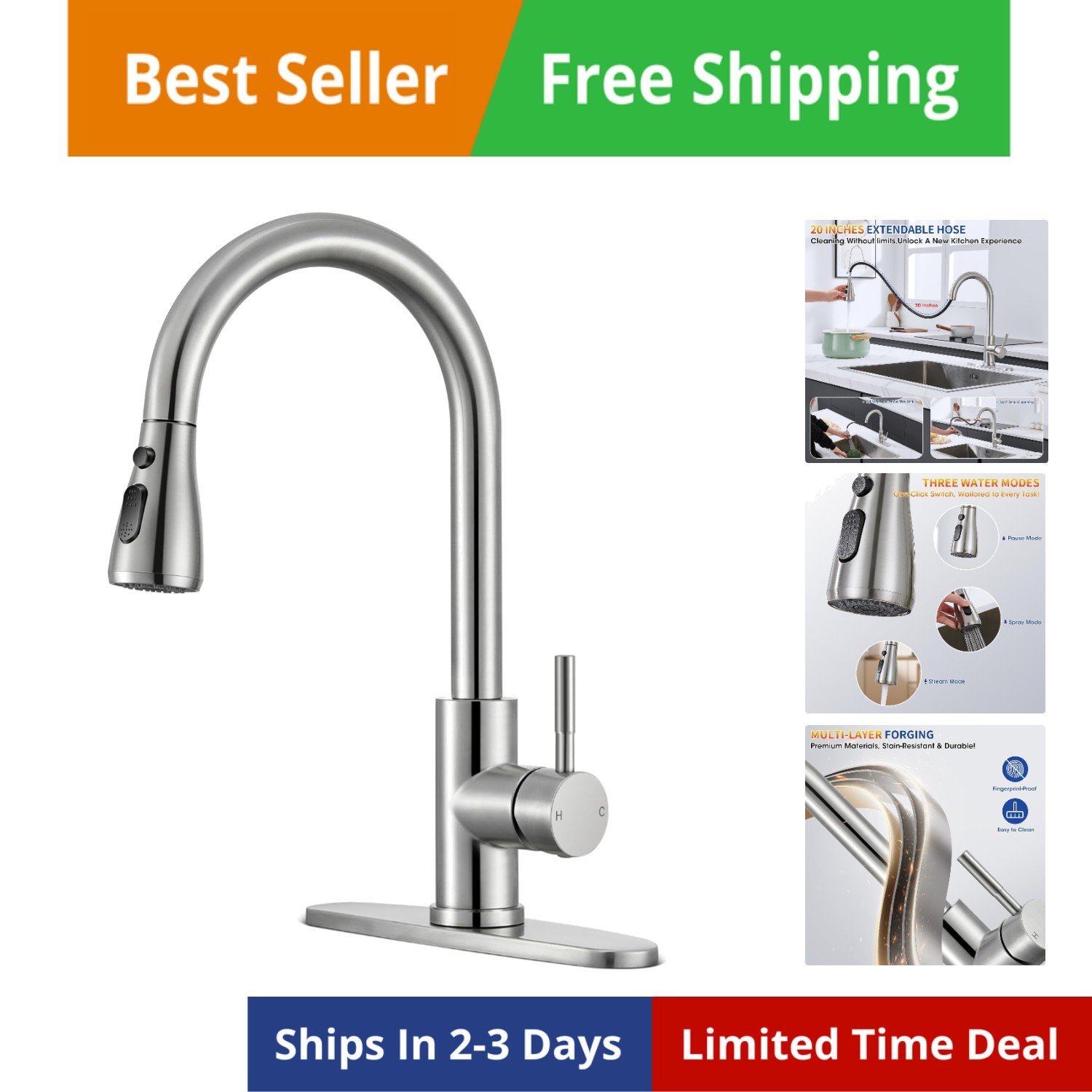 Kitchen Faucets with Pull Down Sprayer, Brushed Nickel High Arc Single Handle...