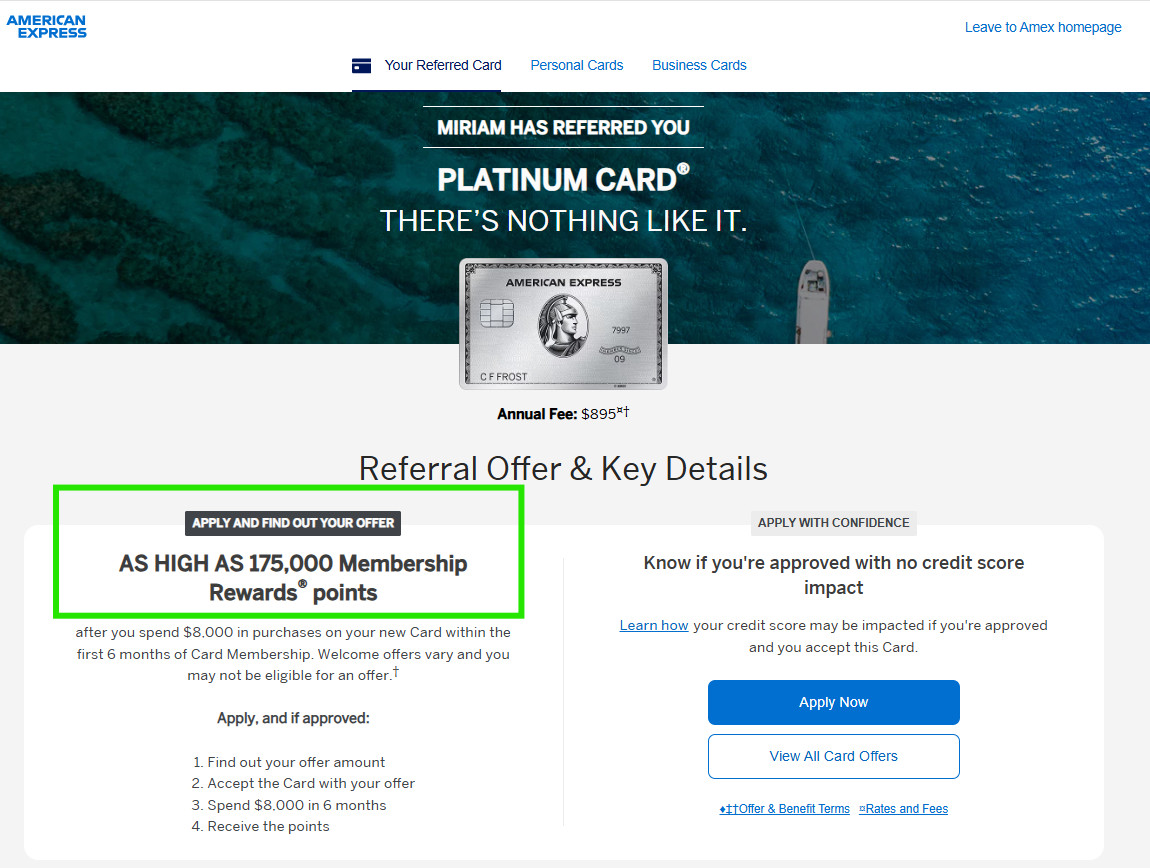 ✅ American Express AMEX Platinum Card Personal Referral Bonus Up to 175K Points
