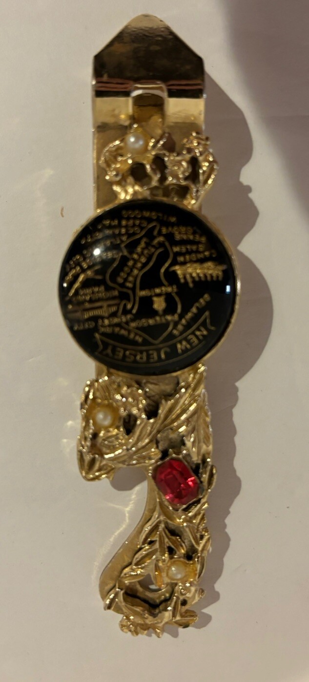 Vtg. "New Jersey" Gold Tone Ornate Jeweled 4.5"  Bottle Can Opener Souvenir