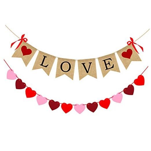 2 Pack Love Burlap Heart Felt Banner for Valentine's Decorations - No DIY | 
