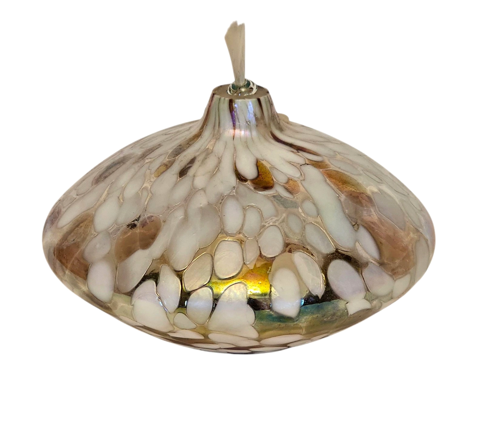 Vintage Art Glass Oil Lamp Hand Blown Iridescent White Confetti w Wick 3.5"