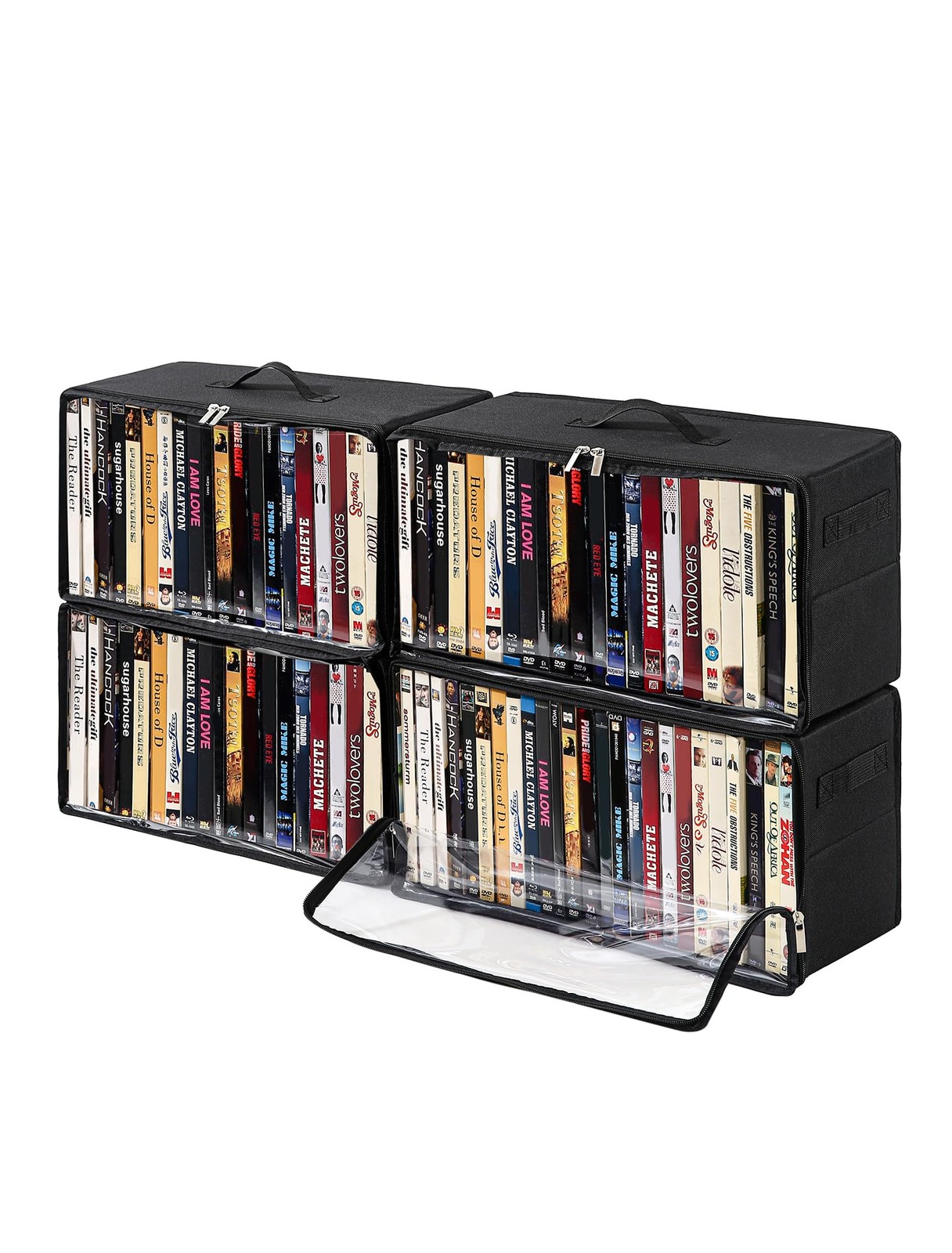 Beveetio 4-Pack DVD Storage Box, Stackable 15.7 x 6.1 x 8.1 inches, Black 