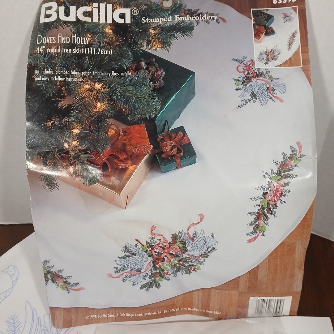 Bucilla Doves and Holly 44" Stamped Christmas Tree Skirt Cross Stitch Kit 