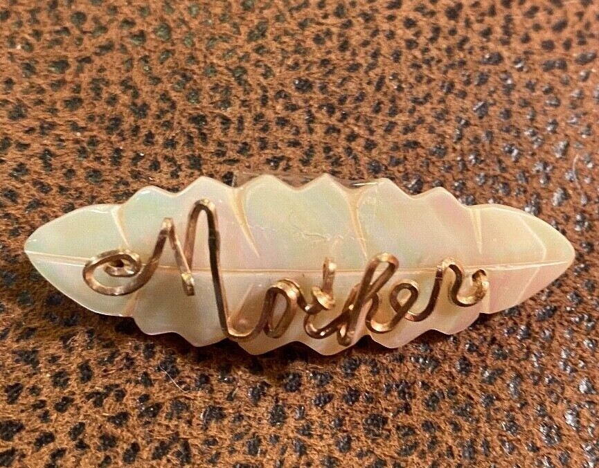 Vintage Shell White Carved Leaf w Wired Mother Pin Brooch 2"