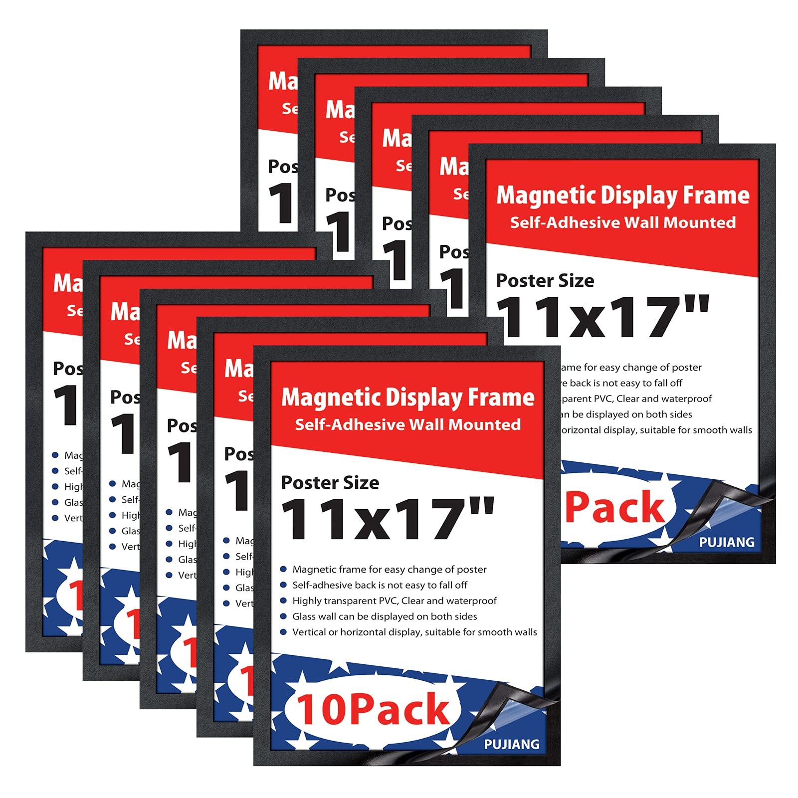 PUJIANG 11x17 Magnetic Display Frame 10-Pack Black Double-Sided Self-Adhesive
