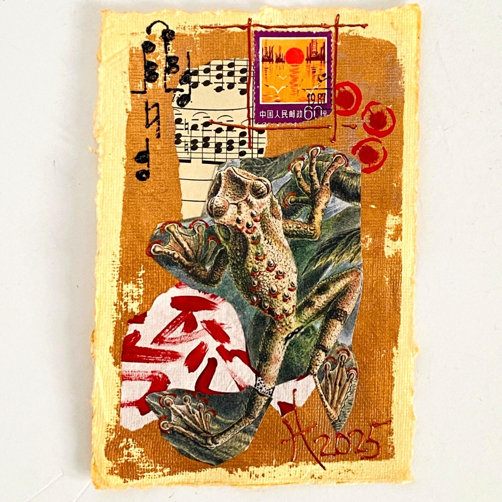 Croakin 9 Original Frog Collage Painting Wall Art Matted 8x10in Frame Ready