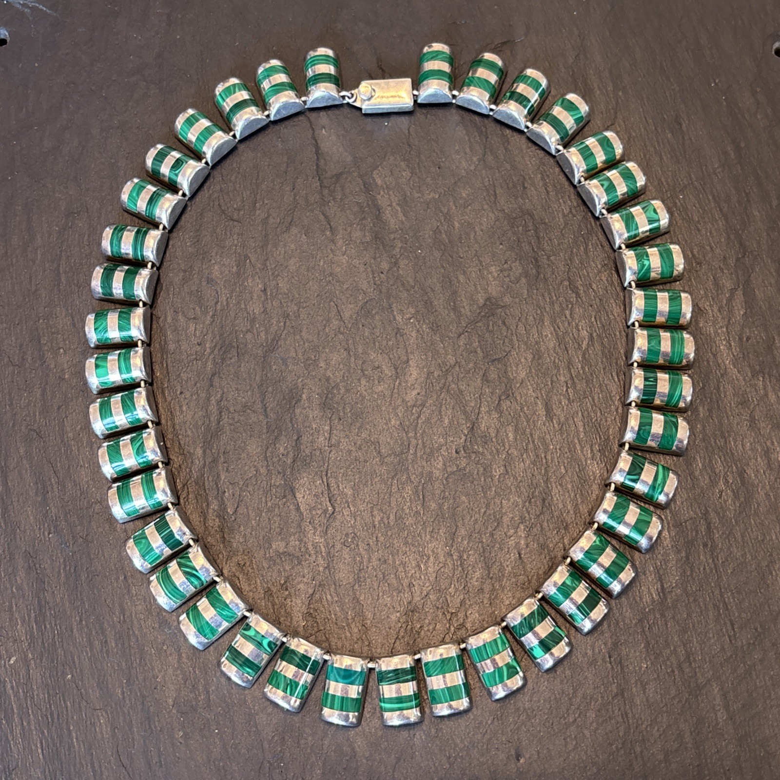 J Comes Taxco TC-38 Sterling Silver Flush Malachite Necklace Vintage 18” 122g 8c