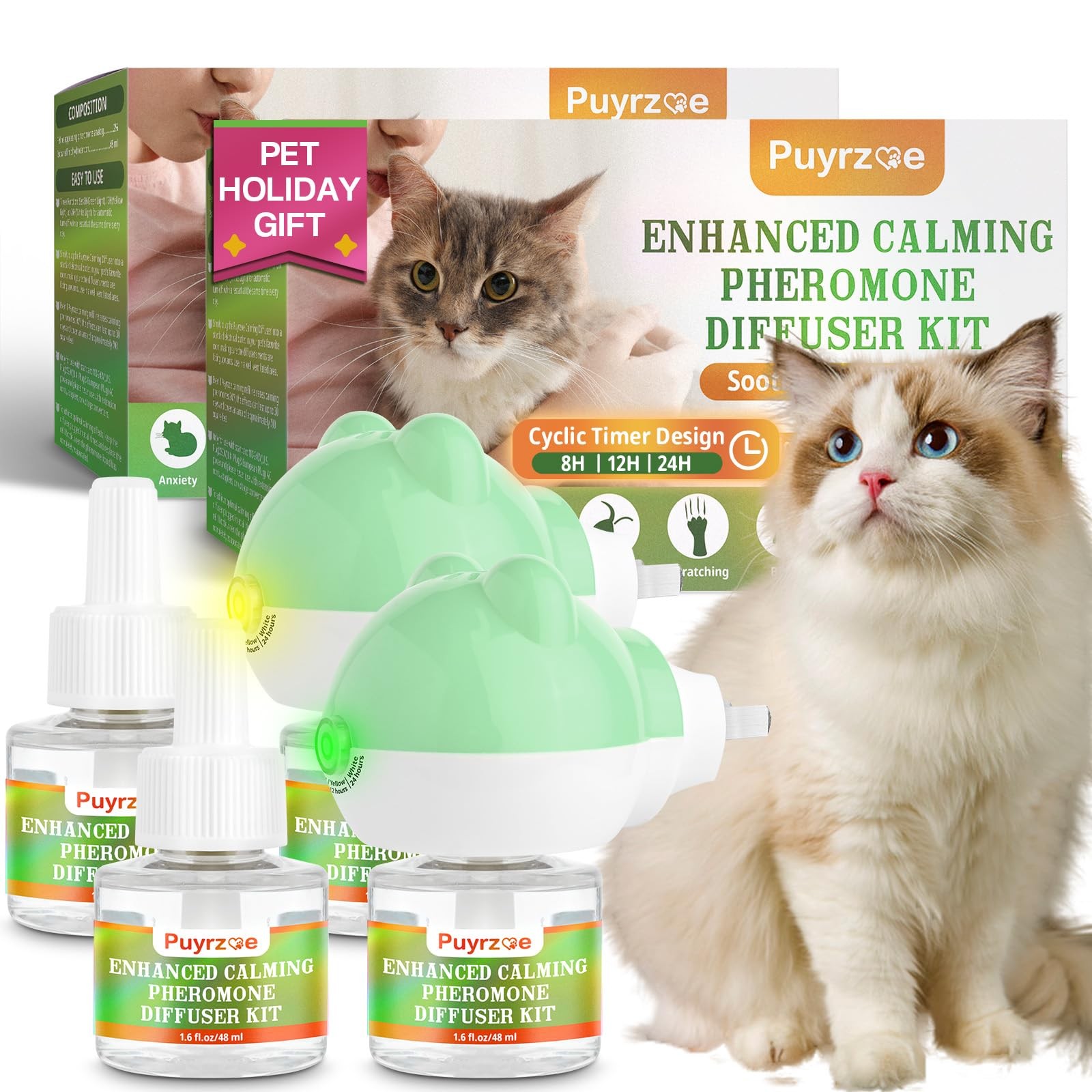 Cat Calming Diffuser with 3 Timing Functions, 6-in-1 Cat Pheromones Calming D...