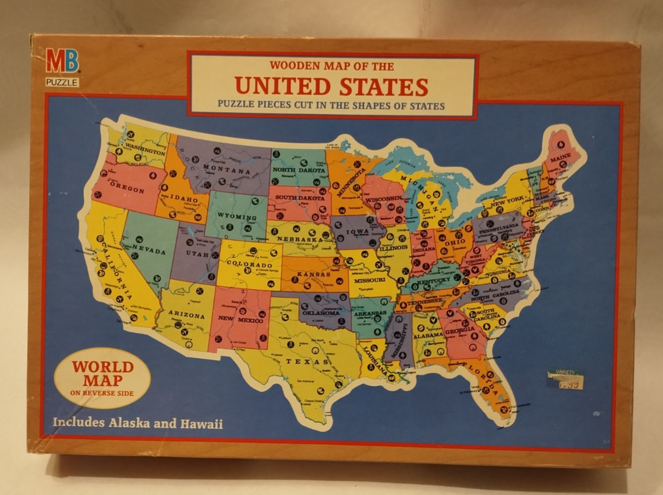 USA & World Puzzle - Wood Vintage 1961 Milton Bradley MB. Complete. 2-Sided.