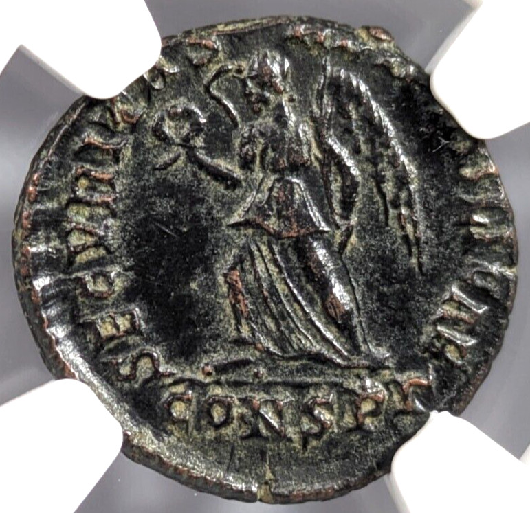 Valens Eastern Roman Empire NGC AU Ancient BI AE3 Nummus Angel Victory Wreath