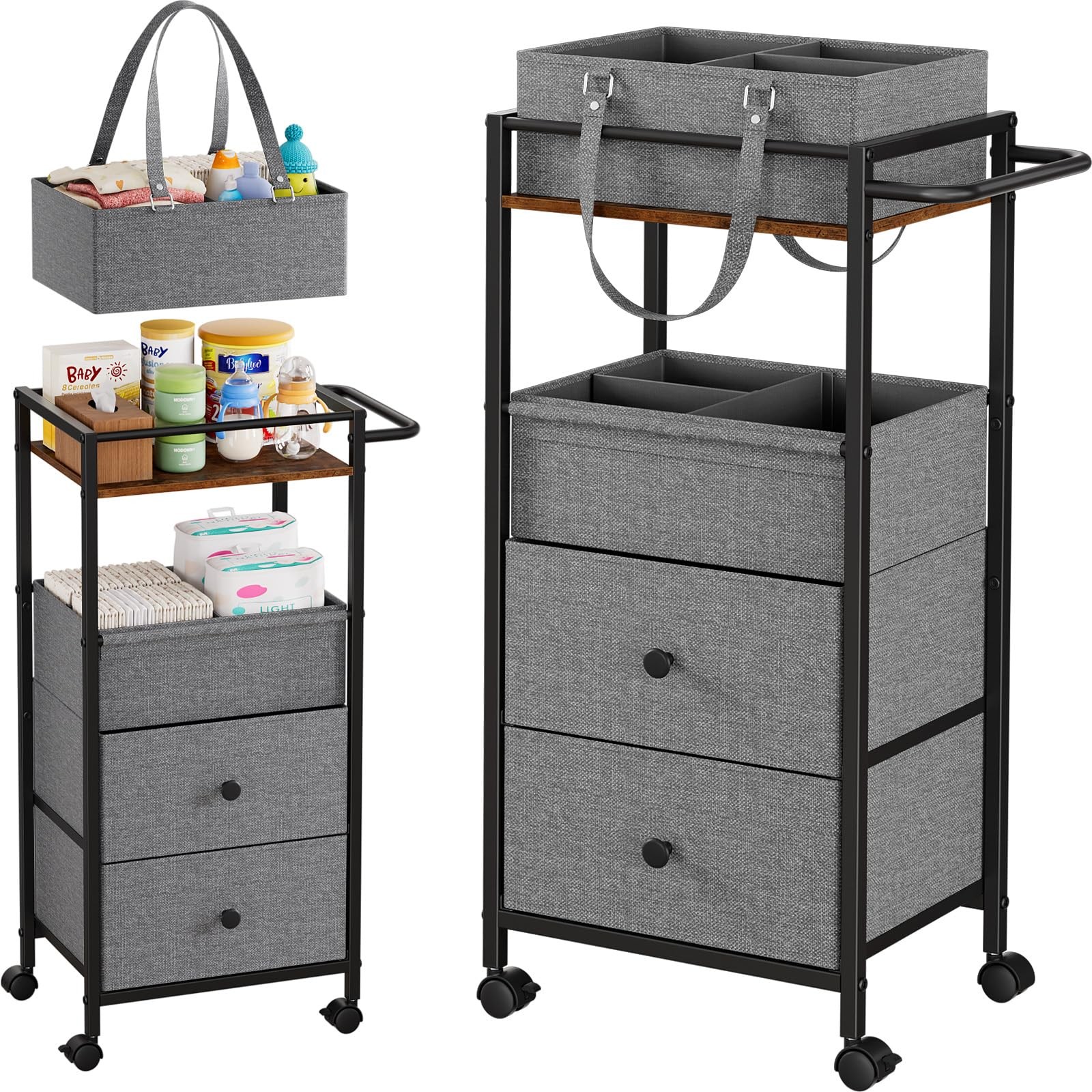 Baby Diaper Caddy Organizer Cart with Drawers - 3In1 Rolling Storage Cart wit...