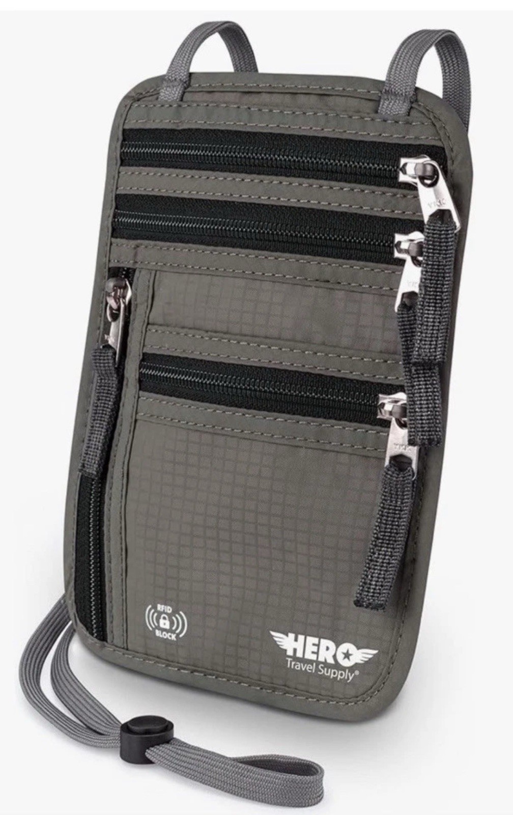HERO Travel Supply RFID Blocking Neck Wallet Ripstop Nylon Water Resistant Gray