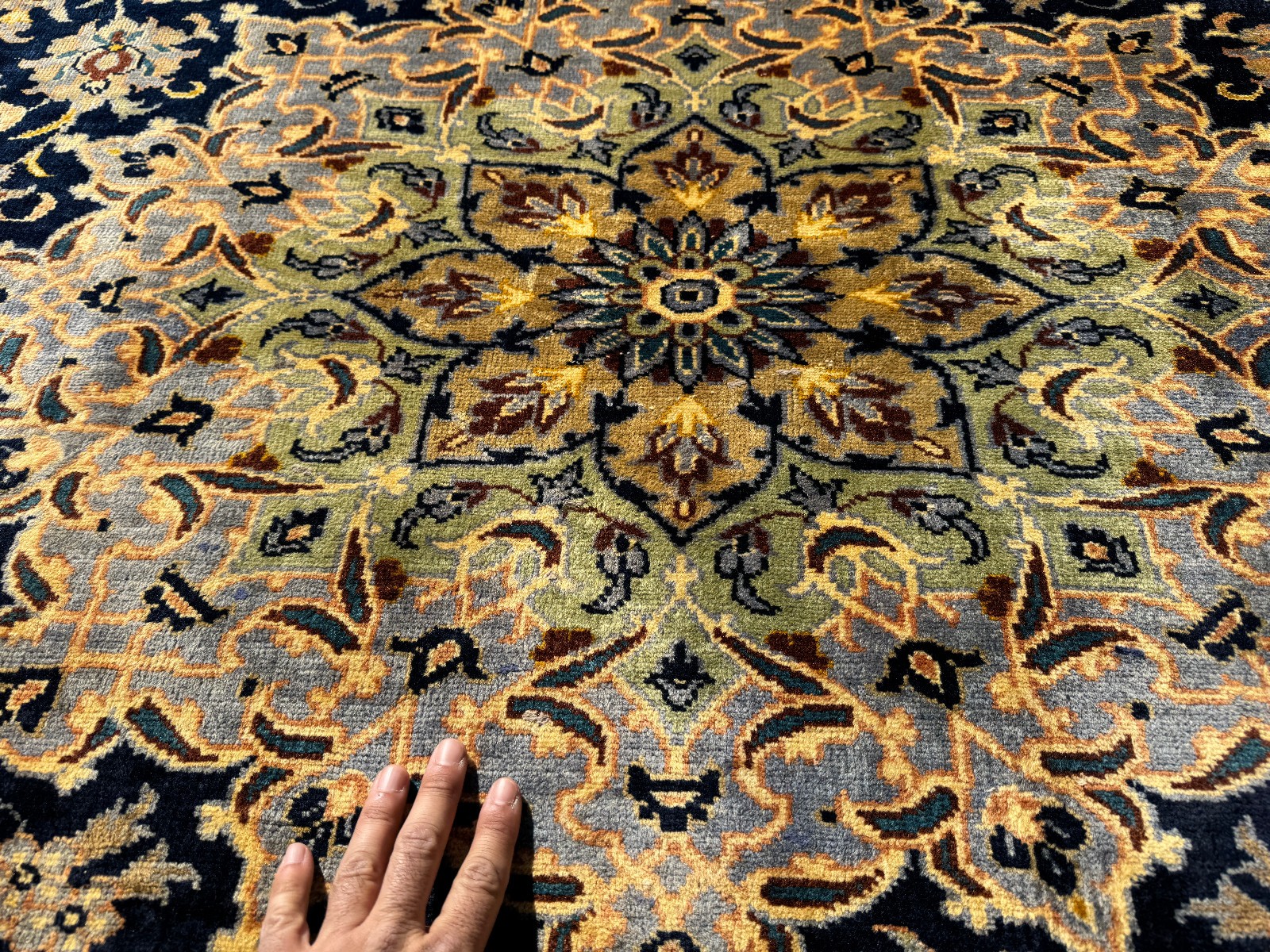 BLUE ANTIQUE ORIENTAL RUG 10x13 hand-knotted navy green vintage handmade 9x12 ft