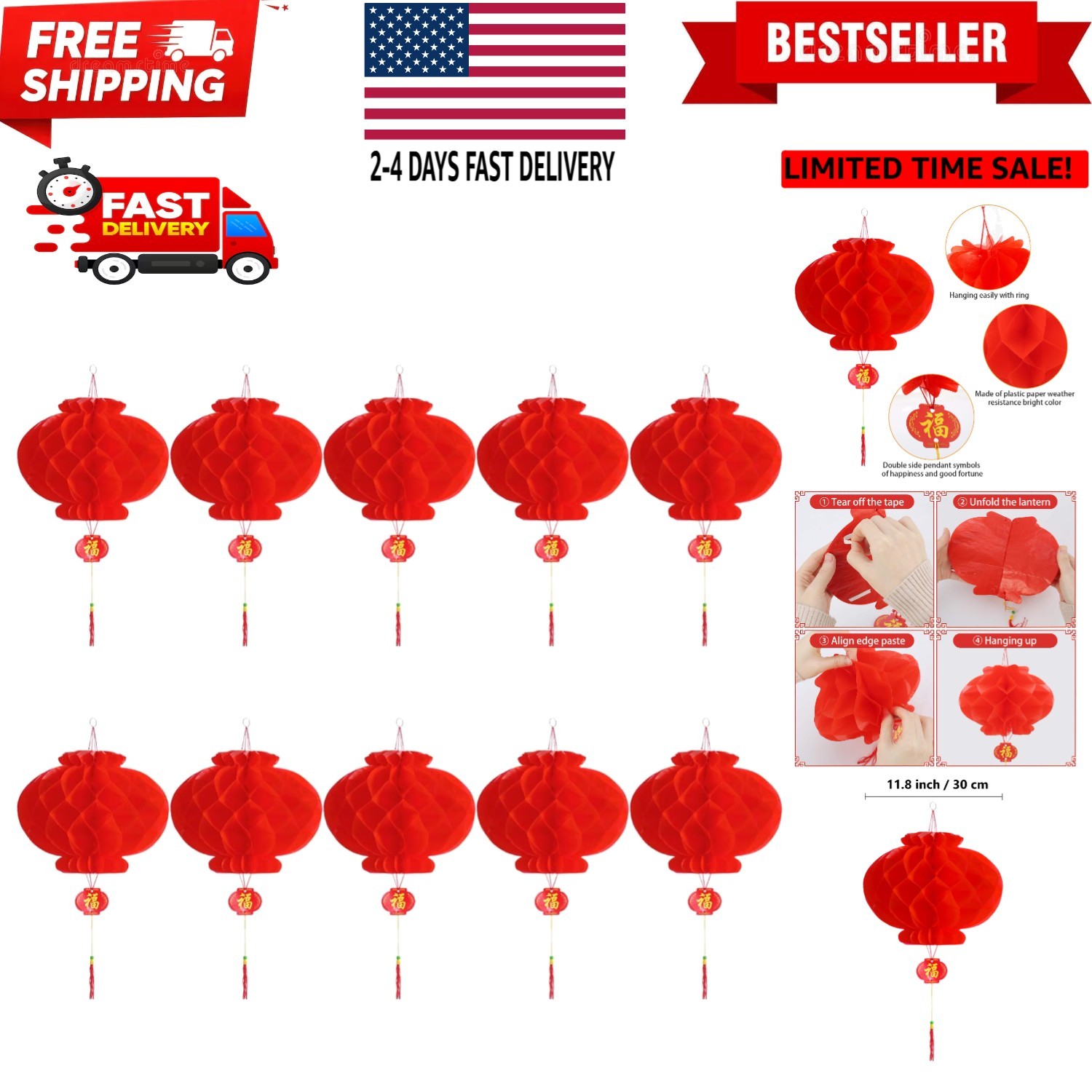 10 Pcs Chinese New  Lanterns Red Lanterns Set of 10 for Chinese Spring Festiv...