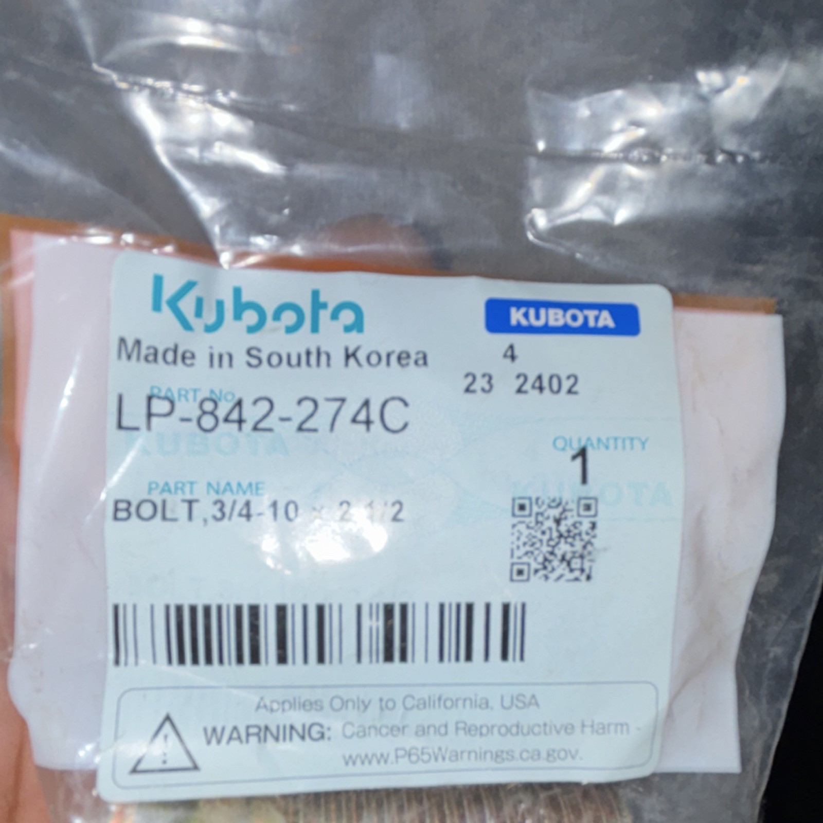 Kubota Bolt LP-842-274C 3/4-10-2 1/2 Model LP-842-274C Replacement Part