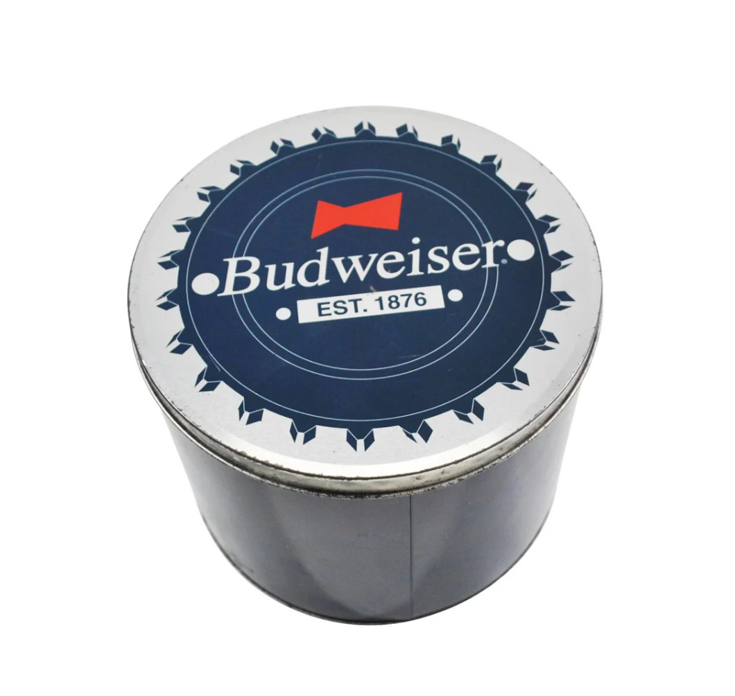 Vintage Budweiser Beer Display Decor 90s Blue Metal Tin Can