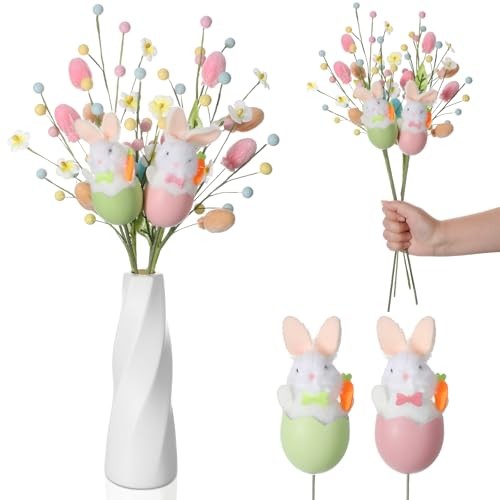 4 Pcs Easter Centerpieces for Tables Artificial Flower Spray with Velvet Eggs 